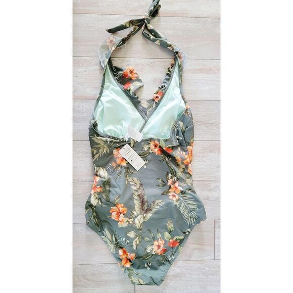 Cupshe M One Piece Swimsuit Size M Green Color W/ Tropical Floral Print NWT - Picture 3 of 8
